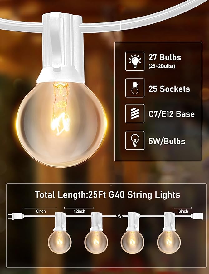 25FT Outdoor White String Lights with 27 Clear Bulbs, G40 Globe Patio String Lights for Indoor/Outdoor, Connectable Hanging Lights for Backyard Porch Balcony Party Decor - White Wire