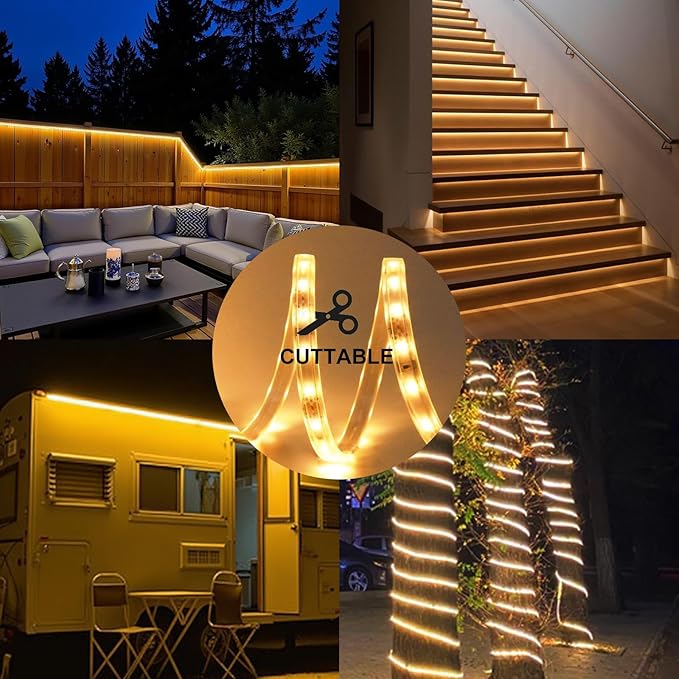2Pack 50ft LED Rope Lights Outdoor Waterproof, 12V Dimmable Strip Light, Flexible LED Rope Lighting 3000K for Bedroom, Living Room, Backyard, Indoor Outdoor Decor