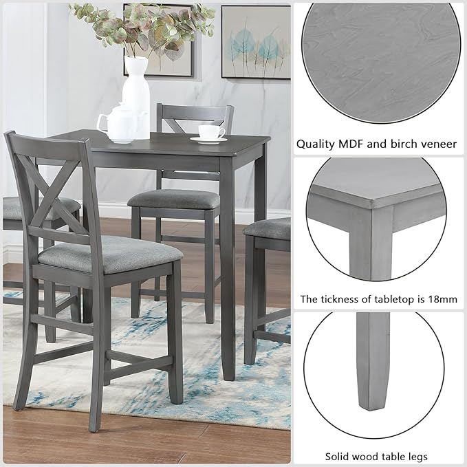 Dining Table Set for 4, Modern 5 Piece Dining Room Table Set with Square Table & 4 X-Shaped Backrest Upholstered Chairs, Counter Height Kitchen Chairs Set for Small Space, Gray