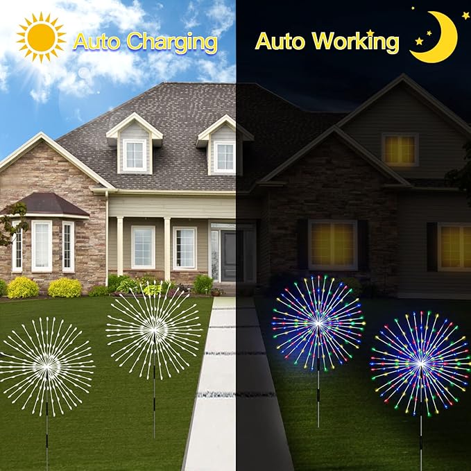 Outdoor Solar Garden Lights,Firework Lights 4 Pack Waterproof Decorative Pathway Lights,120Led Firefly Lights Solar Outdoor Decor for Courtyard Garden Party Yard Decorations Outdoor,Colorful