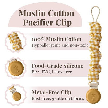 Muslin Cotton - Metal-Free Pacifier Clips, Lightweight and Secure Pacifier Holder for Babies (Sun Éclat) - Mila & Lulu