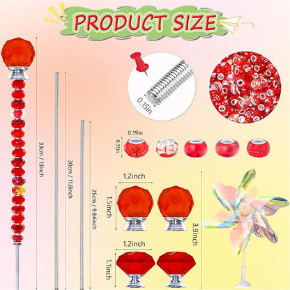 101 PCS Beaded Garden Stakes Kit, DIY Fairy Wand Garden Stake Beads Kits with Red Large Hole Beads 4 Crystal Stopper Top Threaded Rods and 2 Colored Small Windmills for Outdoor Indoor Decor