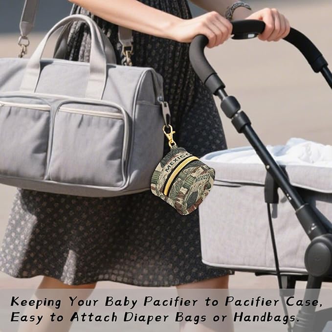 Pacifier Holder with Clip Pacifier Case for Diaper Bag Round Baby Pacifier Pouch Box Bag Portable Mexico American Eagle Cactus Beige