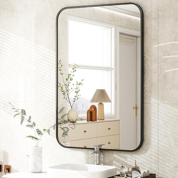 26 x 38 Inch Bathroom Mirror, Rounded Rectangular Vanity Mirror for Wall, Modern Mirror for Room Decor, Black Framed Wall-Mounted Mirrors for Home Decor, Hangs Horizontally or Vertically