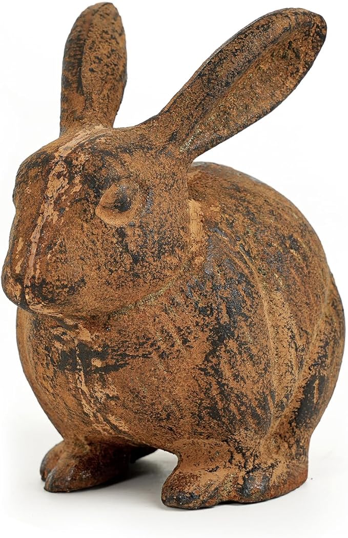 Sungmor Cast Iron Rabbit Statue, Vintage Animal Collection Figurines, Home Office Table Decor, Paperweight, Doorstop, Garden Lawn Cute Ornament, Rust Finish