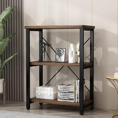 3 Tier Industrial Solid Wood Bookcases, Open Etagere Bookshelf with Metal Frame, Rustic Wood and Metal Shelving Storage Organizer for Living Room Book Shelves Furniture (AY01-3tier)