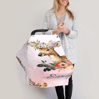 Personalized Deer Baby Car Seat Cover with Name,Multi-Use Canopy for Nursing, Strollers,Shopping Carts,Customized Breastfeeding Cover, Full Privacy,Infant Stroller Cover