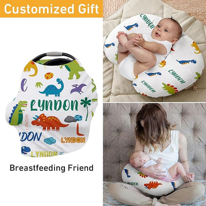 Personalised Car Seat Cover for Babies - Multi-use Carseat Canopy Cover with Name, White Dinosaur Print Car Seat Covers, Birthday Gifts for 0-2 Years Infant Boys and Girls(27"x29")