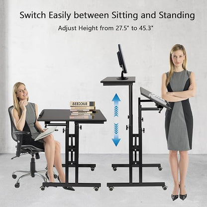 Hadulcet Mobile Standing Desk with Charging Station, Adjustable Standing Computer Desk, Standing Adjustable Laptop Cart with Wheels for Home Office Classroom Black