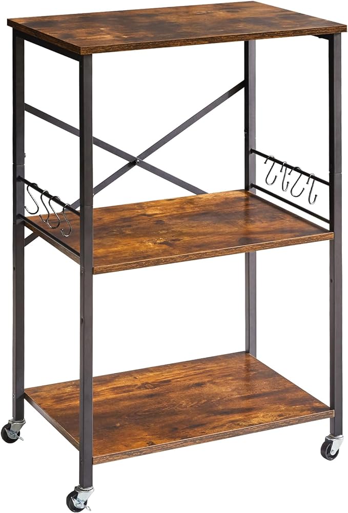 IBUYKE Kitchen Shelf Cart, 3-Tier Microwave Oven Stand, Baker’s Rack with Metal Frame and 8 Hooks, Industrial Printer Stand, Utility Standing Storage Shelf for Coffee Bar, Simple Assembly, TMJ023H