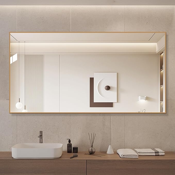 Golden Bathroom Mirror for Wall, Rectangle Mirrors with Metal Frame, Modern Vanity Wall Mirror Decor for Entryway Hangs, Bathroom Living Room Horizontal or Vertical(Golden, 36" L x 30" W)