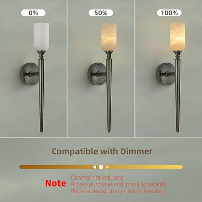 22in Alabaster Wall Sconce, Black Sconces with Spanish Marble, Modern Brass Wall Mounted Lamp, Hardwired LED Wall Lighting for Bathroom Bedroom Living Room Staircase Hallway Dining Room