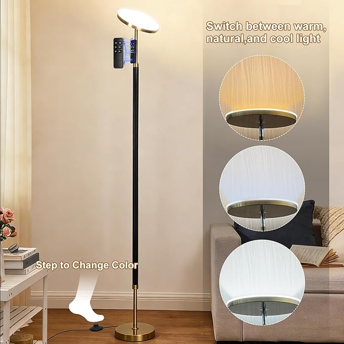 Wood Floor Lamp 30W 3000Lm Super Bright LED Wooden Floor Lamp, Remote Control 69" Tall Standing Lamp Stepless Dimming & Color Temperature Adjustable, Modern Torchiere Lamp for Bedroom, Office Black