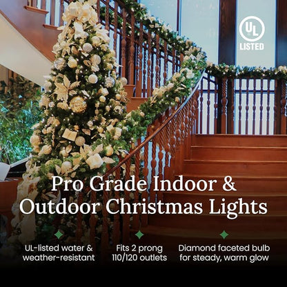 Pro Christmas M5 LED Holiday Lights - 100 Bulbs, 33.3ft - Professional Grade Indoor Outdoor Diamond Cut Sparkle Light Strings for Home Decorations and Christmas Trees - 28K Warm White