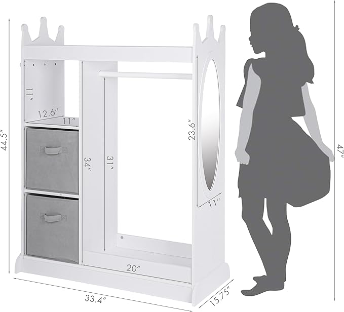 UTEX Kids Play Armoire with Mirror, Storage Bins and Closet for Dress Up and Costumes (White)