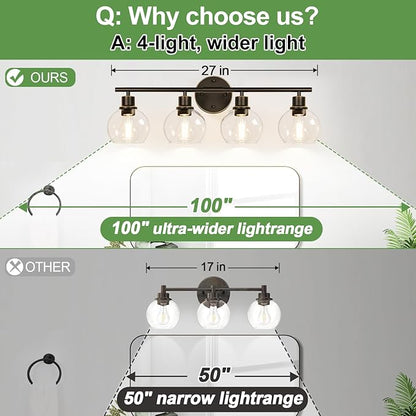 Indoi 4-Light Bathroom Light Fixtures, Oil Rubbed Bronze Bathroom Lights Over Mirror with Clear Glass Globe Shade, Vanity Lights for Bathroom Kitchen Living Room Hallway Cabinet Bedroom Porch