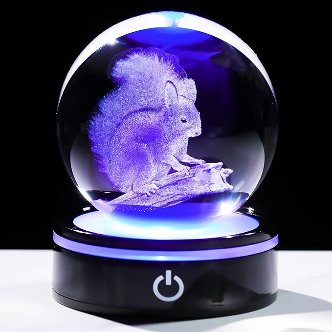 YWHL 3D Squirrel Figurine Crystal Ball with Colorful Light Base, Squirrel Gifts for Women Men on Christmas Birthday, 3D Laser Engraved Squirrel Ornament Glass Decorative Ball for Home Decor (80mm)