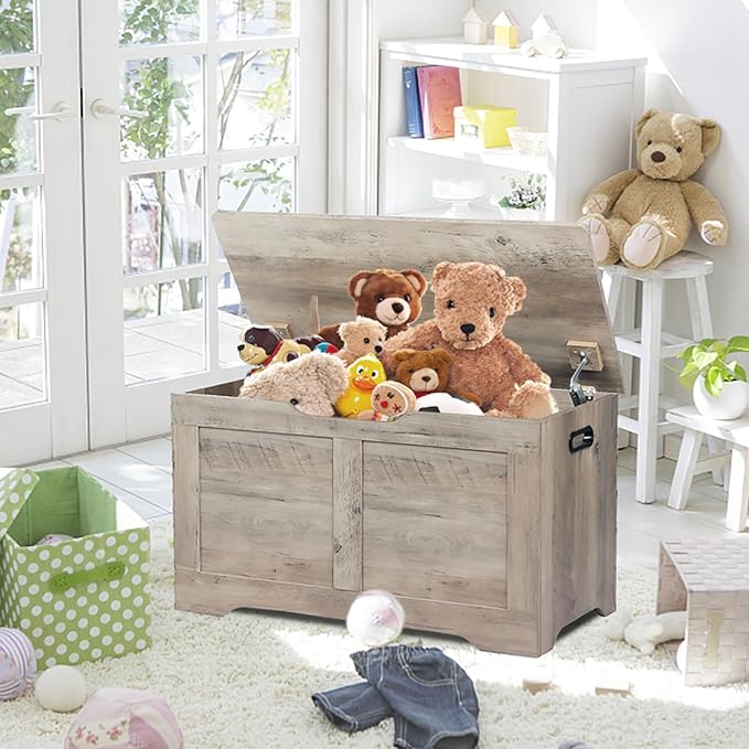 31.5" Storage Chest, Wooden Storage Bench, Lift Top Toy Chest with 2 Safety Hinges, Large Toy Box, Entryway Shoes Bench for Living Room, Bedroom, Grey