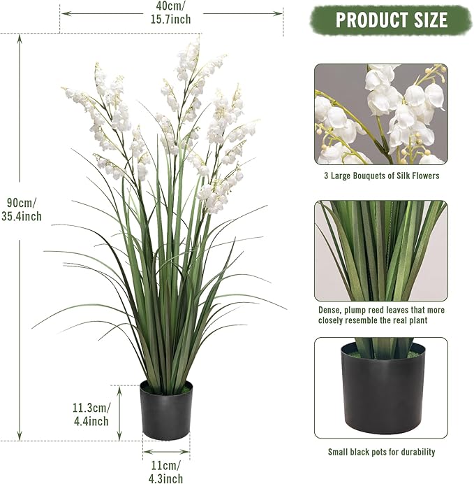 Artificial Tall Grass Plants with Pots 36" 1 Pack Lily of The Valley Artificial Grass Home Interior Decorating and Outdoor Garden Decorations(White)