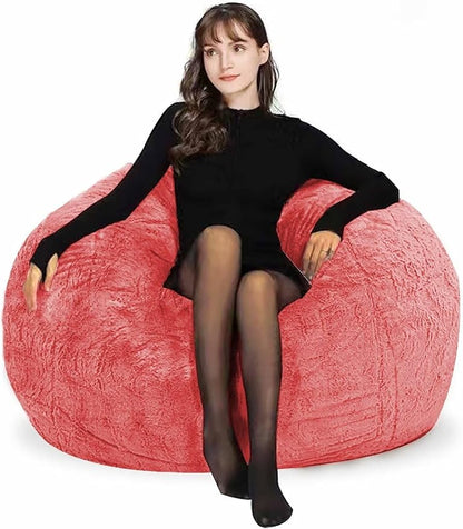 Bean Bag Chair for Adults Kids Without Filling Comfy Fluffy Round Beanbag Couch Lazy Sofa Cover for Reading Chair Floor Chair, 3.5FT, Rose Red
