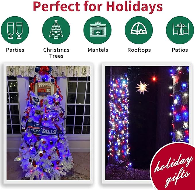 LAMPHOME 33ft Patriotic String Lights, Red White Blue Mini Lights, 100 LED Green Wire Fairy Starry String Lights Plug in, 16 Modes for Independence Day Celebration Party Memorial Day Decor