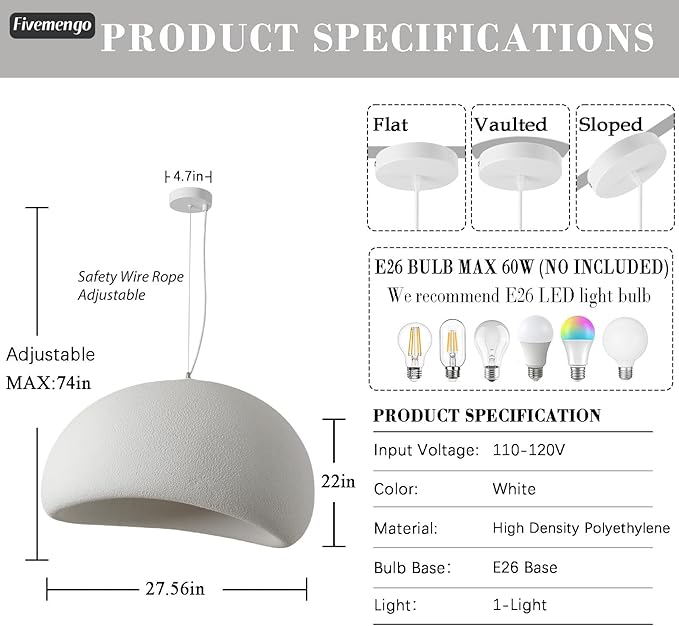 27.6in Wabi Sabi Pendant Light, Kitchen Island Lighting Fixture Ceiling Mount Japanese Lamp Japandi Chandelier for Dining Living Room Hallway Bedroom Restaurant Hanging Lamp, White 1 Pack