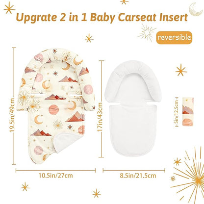 Infant Car Seat Insert for Newborn Girls Boys, Upgraded 2-in-1 Baby Carseat Head Support, Soft Reversible Baby Car Seat Insert Cushion Pad for Car Seat, Stroller, Bouncer, Swing, Moon