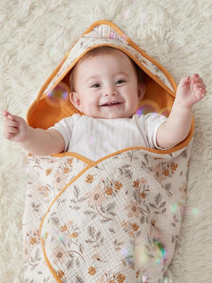 TILLYOU Muslin Hooded Baby Towels for Newborn 2 Pack, 32x32Inch Soft Baby Bath Towel Highly Absorbent for Newborn and Infant, Essential for Newborn Care, Yellow Flower