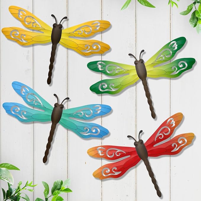 Metal Dragonfly Wall Decor, 4 Pack 14inch Metal Dragonfly Wall Hanging Sculpture Decor for Outdoor, Yard Patio Fence Garden Outside Decorations