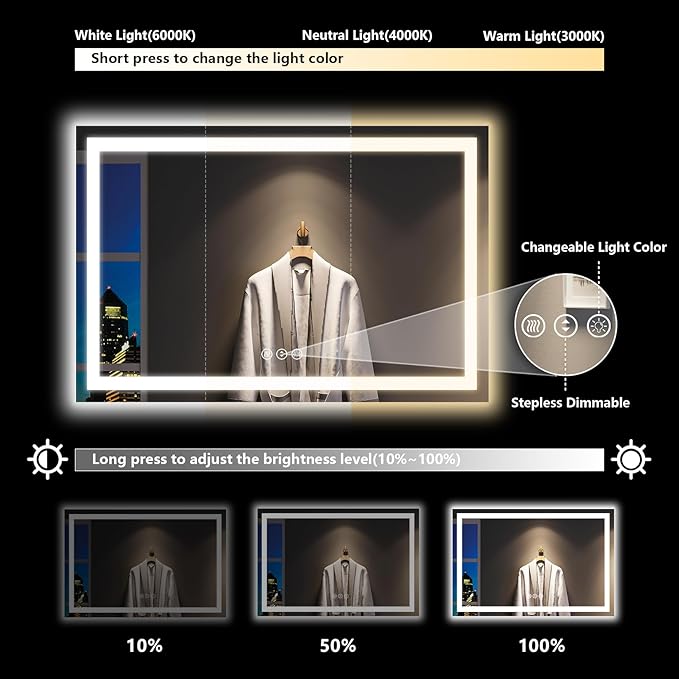 60x40 Inch LED Bathroom Mirror with Lights Front and Backlit Lighted Vanity Mirror for Bathroom Wall with 3 Colors Dimmable Anti-Fog Memory Shatter-Proof IP54 Waterproof Horizontal/Vertical