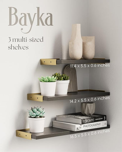 BAYKA Wall Shelves for Bedroom Decor, Floating Wall Shelves for Living Room Kitchen Storage, Wall Mounted Rustic Wood Floating Shelves for Kids Books, Corner Shelves for Bathroom, Office(Set of 3)