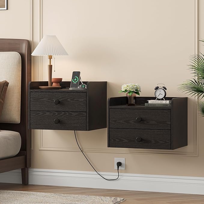 Floating Nightstand Set of 2 with 2 Storage Drawers and Charging Station Wood Wall Mounted Bedside End Table Modern Night Stands Set 2 for Bedroom,Small Space,Black