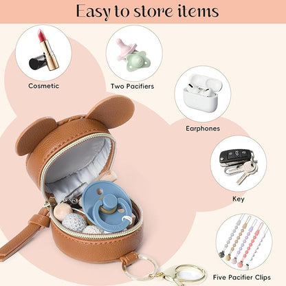 Miss Fong Pacifier Case with Clip & Cover, Holder Pod with Clasp, Holds 2 Pacifiers or Nipple Shield (Diamond Brown)