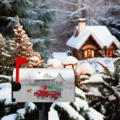 Winter Mailbox Cover Red Truck Snowflake Mailbox Wrap with Magnetic Strip Christmas Dog Snowy Letter Post Box Cover Decoration Welcome Home Outdoor Standard Size 21" Lx 18" W