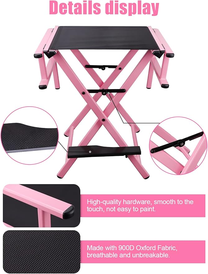 Lorvain Folable Makeup Artist Stool Chair, Protable Tall Folding Directors Chair, Aluminum Makeup Chair with Head Rest for Studio Salon Vanity, Bar Height - Pink Chair