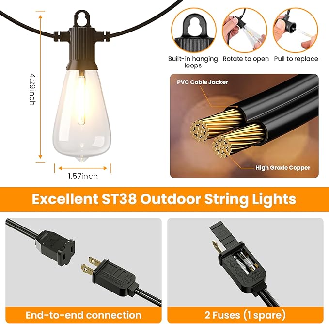 ZOTOYI Outdoor String Lights, 25FT Waterproof Patio Lights with 13 (1 Spare) LED ST38 Vintage Edison Shatterproof Bulbs Outside Hanging Light for Backyard, Cafe, Porch, Gazebo Dimmable 2700K