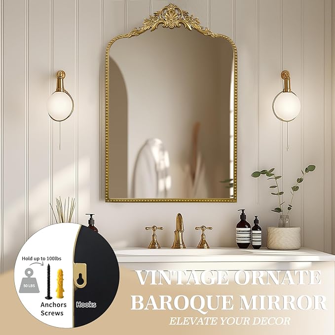 G-LEAF Vintage Baroque Mirror 24"X36",Arched Mantel Victorian Antique Farmhouse Mirror with Gold Ornate Metal Frame for Fireplace Entryway Living Room Hallway Bathroom
