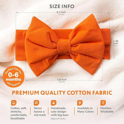 Newborn Baby Girl Headband 0–6 Months – Soft Cotton Big Bow Headband for Infants, Stretchy Baby Hair Band, 4.3" (11 cm) Bow, 2.4" (6 cm) Band (Orange, 0-6 Month)