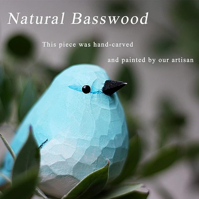 Handmade Wooden Carved Bird Decor Sculpted Hand-Painted Bird Figurines Small Home Decor Bird Statue Shelf Decor BFF Gifts for Bird Lovers(Blue Robin)