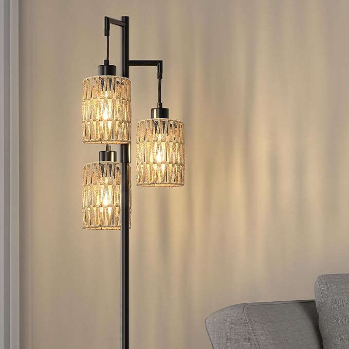 Oneach 68" Floor Lamps for Living Room, Stepless Dimmable Boho Floor Lamp with 3 Bulbs, Tall Farmhouse Industrial Corner Standing Tree Lamp for Bedroom, Office, Study Room, Dining Room, Black