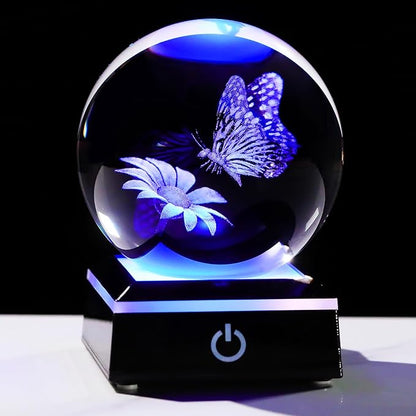 Arikyrist 3D Crystal Ball Butterfly Flower Figurine with LED Base, Laser Butterfly Gifts for Women Men, Glass Butterfly Statue Ball Night Light for Christmas Birthday Home Decor (80mm)