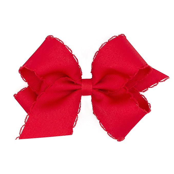Wee Ones Girls' Classic Grosgrain Moonstitch Edge Hair Bow, No-Slip Hair Clip, Handmade, Red, Medium