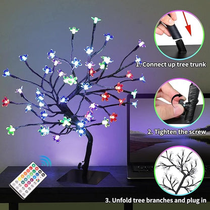 2 PK Cherry Blossom Tree Lights,Artificial Bonsai Tree with 48 Warm White Led Lights, 16.2 Inch Prelit Cherry Blossom Lamp for Christmas Party Wedding Gift Home Tabletop Decoration