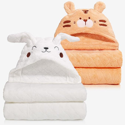 Toddler Towels for Boy, 2 PCS Hooded Baby Towels Boy, Soft and Absorbent Baby Bath Towels, Animal Hooded Design Toddler Towels, Large 50''x32'', White Rabbit & Orange Tiger Set