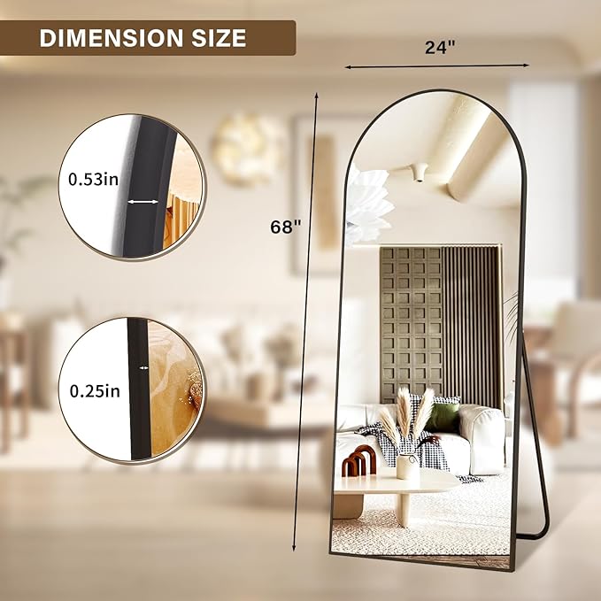 24x68 Arched Full Length Mirror Floor Mirrors with Aluminum Alloy Frame Free-Standing Wall Mounted Floor Mirrors or Large Dressing Mirror, Black Mirror Full Length