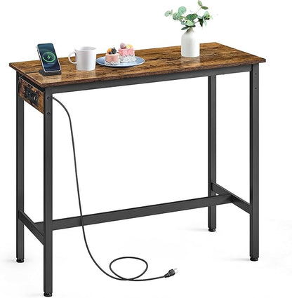 VASAGLE Bar Table, Narrow Long Kitchen Dining Table with Charging Station, Sturdy Metal Frame, Industrial, 15.7 x 39.4 x 35.4 Inches, Rustic Brown and Ink Black ULBT101K01