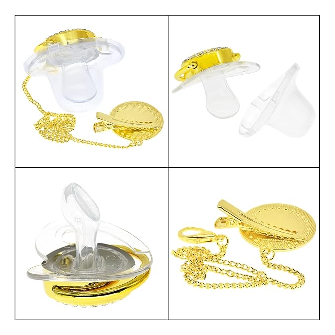 Bling Personalized Baby Pacifier with Pacifier Clips and Anti-dust Cover A-Z 26 Letters(Gold Transparent,B)