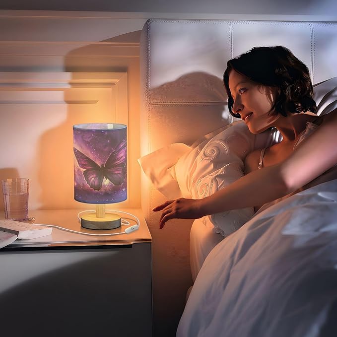 Bedside Table Lamp Butterfly Purple Galaxy Nightstand Lamp with Wood Desk Lamps for Bedroom Living Room Nursery Office Home Decor