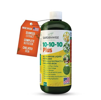 10-10-10 All Purpose Plant Food - Liquid Fertilizer with Seaweed Kelp & Iron - Indoor & Outdoor Plant Food, Vegetables, Flowers, Lawn & Garden 1x8oz
