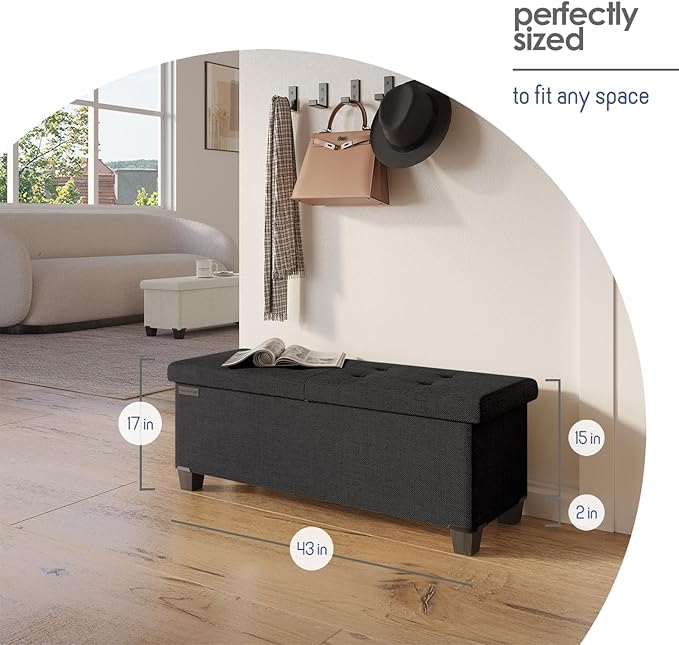 STORAGEBUD Storage Ottoman Bench with Bins, 43-in Storage Bench for Bedroom End of Bed, Folding Foot Rest Ottoman for Living Room Max 660lbs, Fabric Ottomans, Black